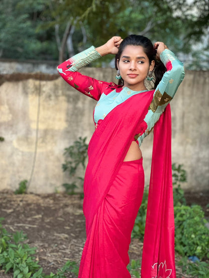 Pink marble silk saree with  embroidery blouseq