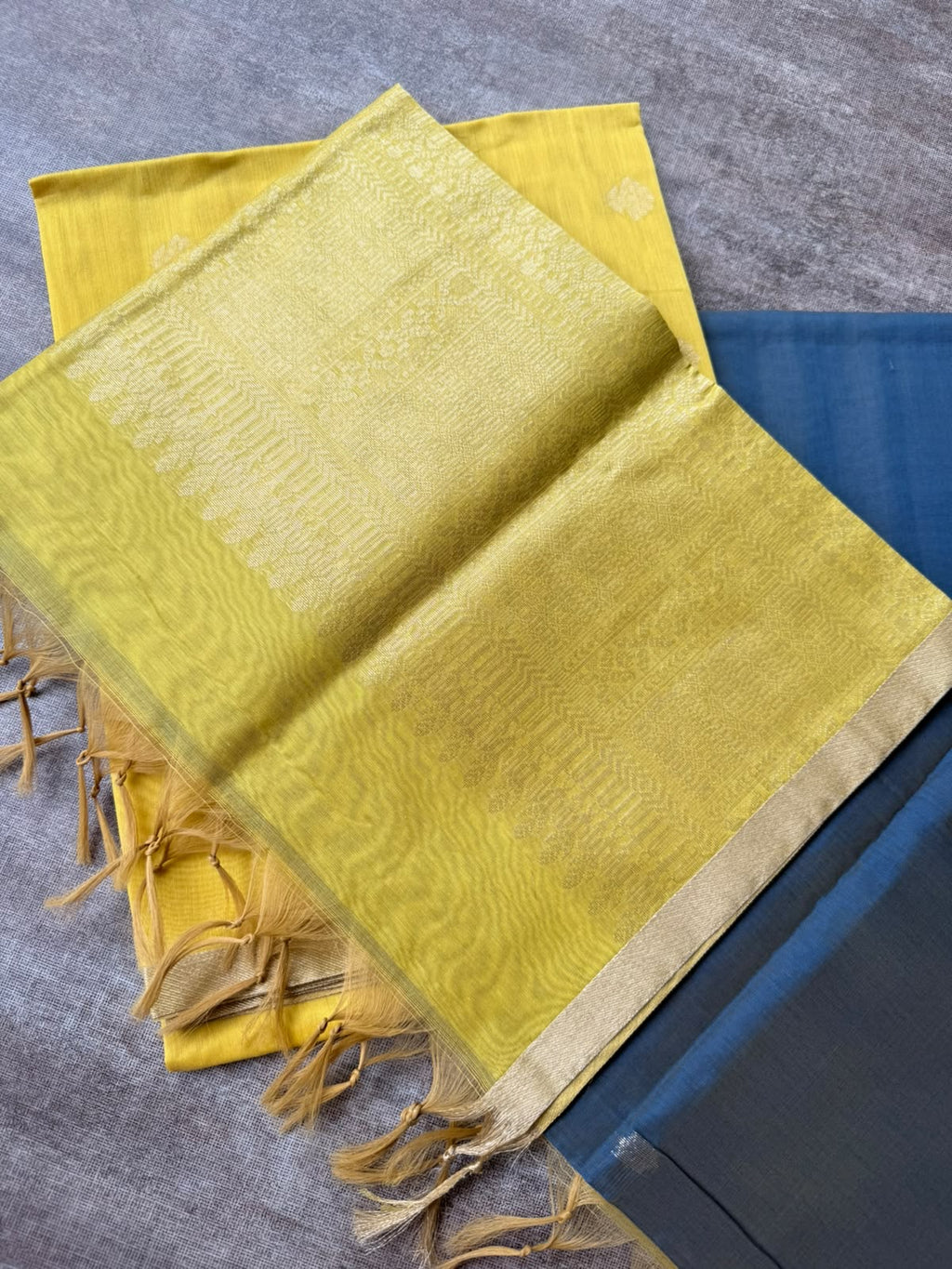 Yellow & blue chanderi 3 piece kurti