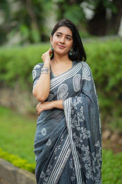 Grey linen floral printed designer saree