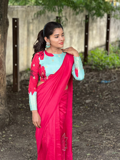 Pink marble silk saree with  embroidery blouseq