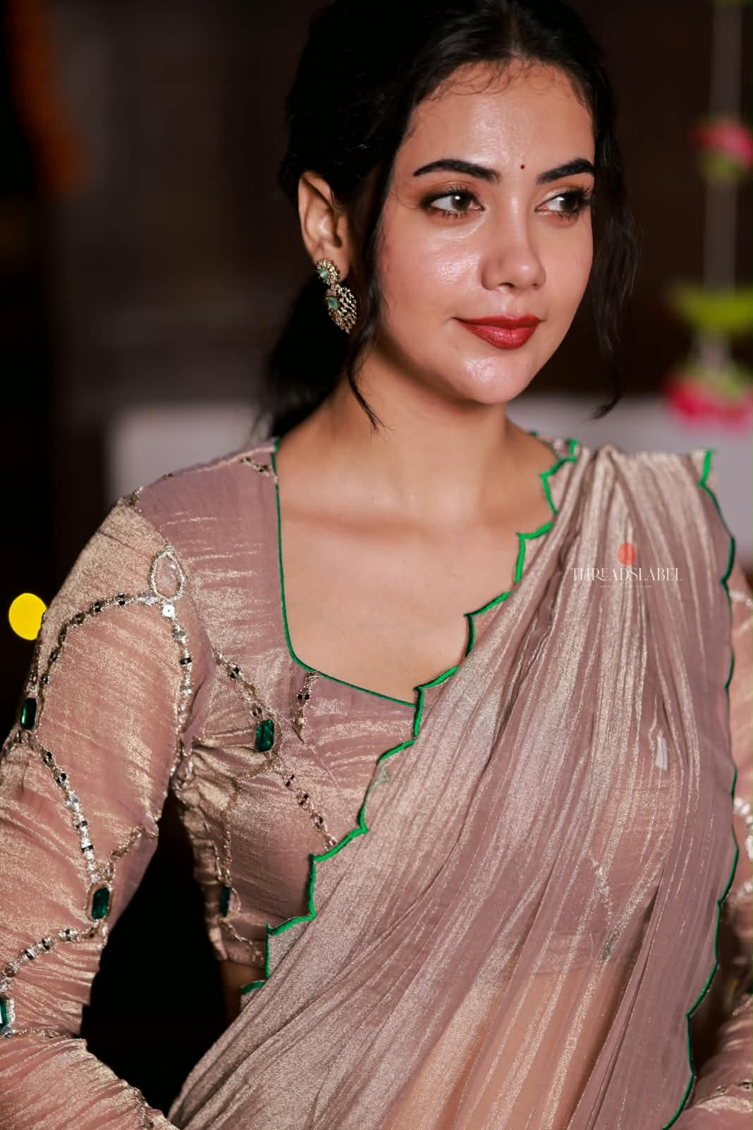 Dusty silver tissue hand made saree & blouse