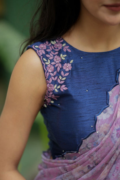 Midnight blue floral hand work blouse (only blouse)