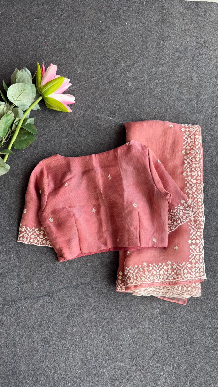 Peach tissue saree with tissue embroidery blouse