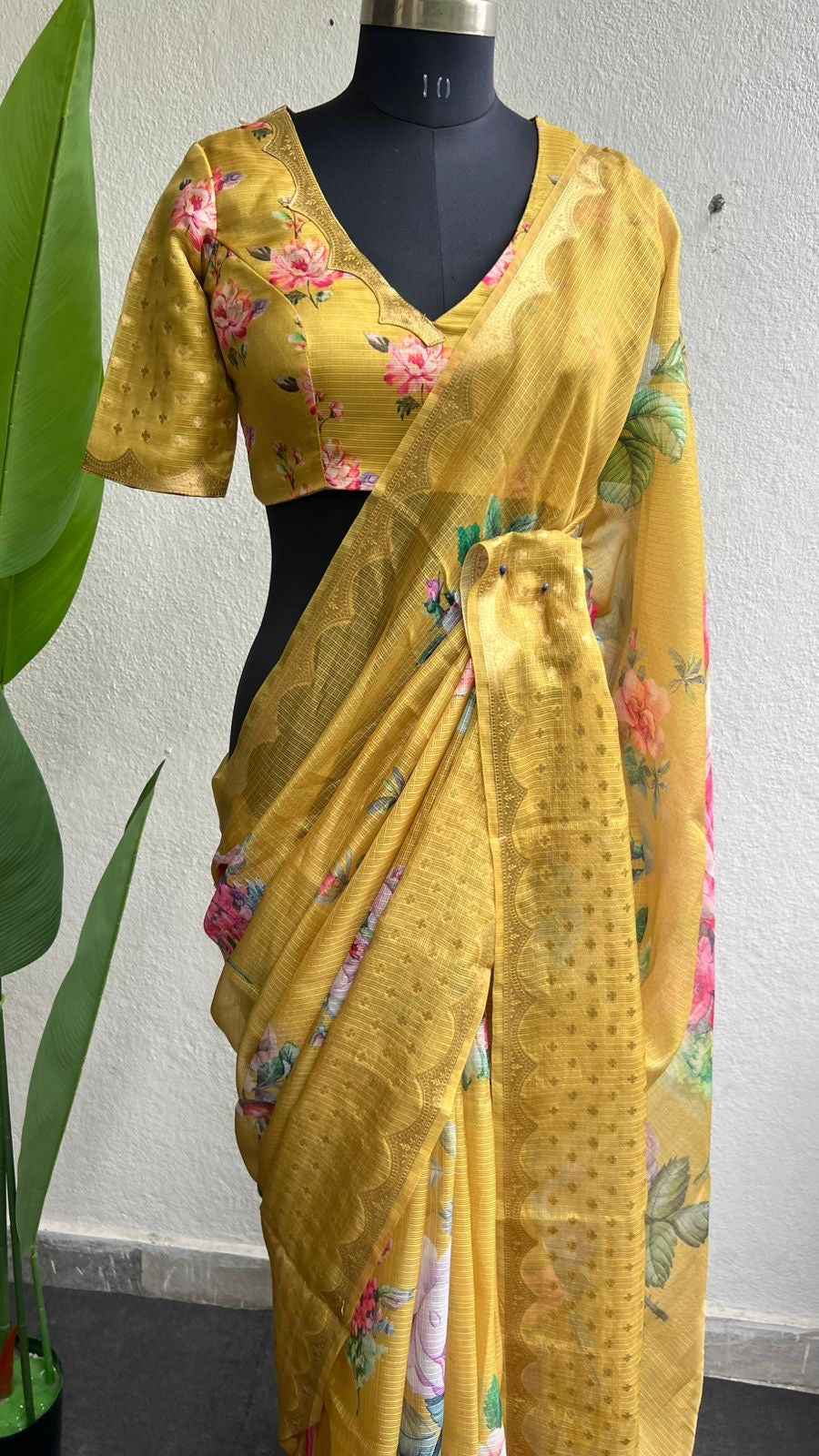 Yellow kota floral saree with blouse