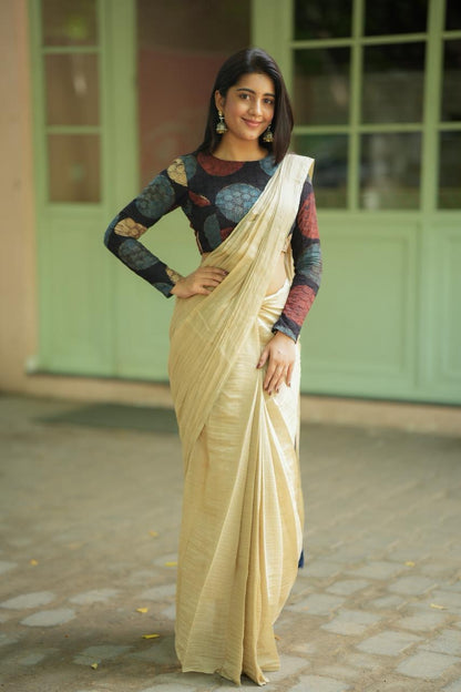 Cream malai chanderi saree with Ajrak handblock print blouse