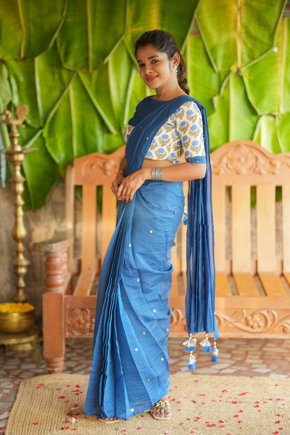 Blue malai chanderi saree with floral print blouse