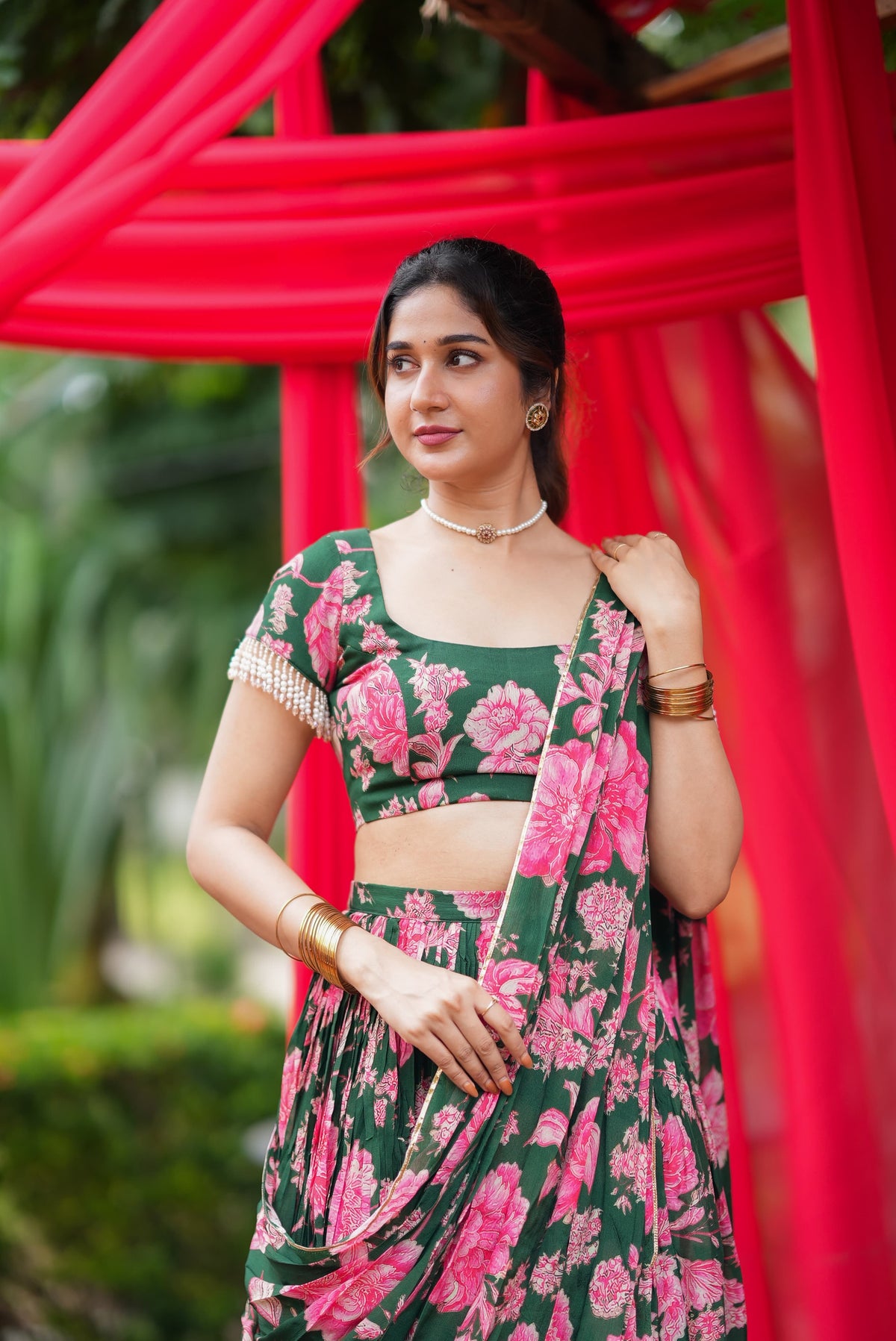 Green floral georgette handwork lehenga