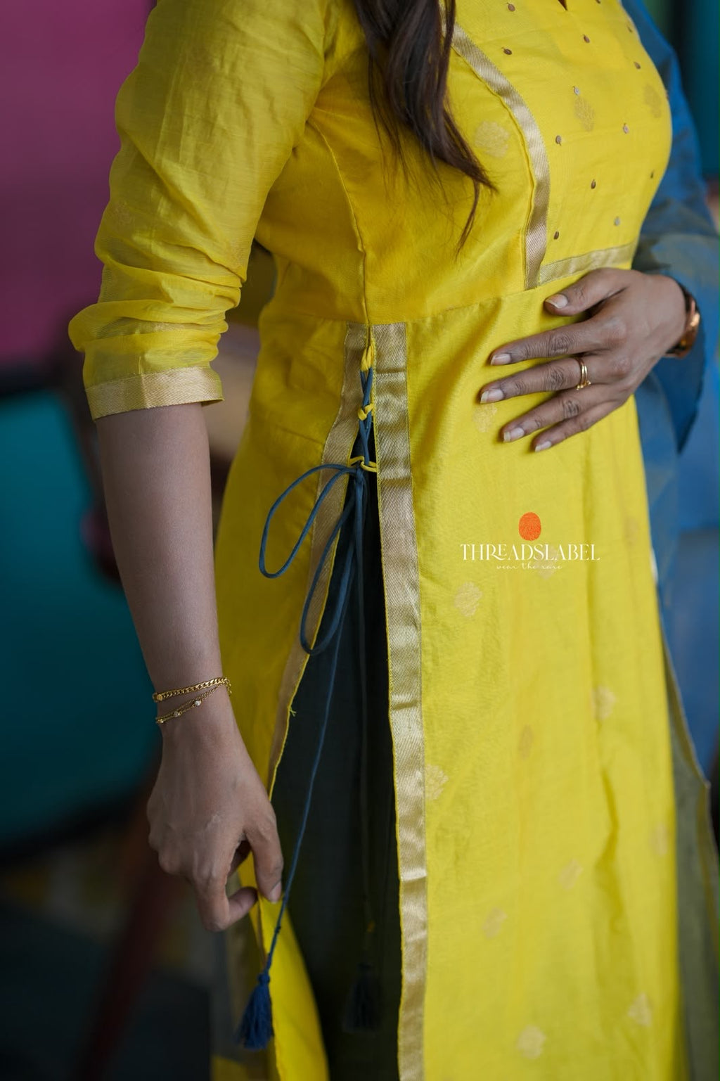 Yellow & blue chanderi 3 piece kurti