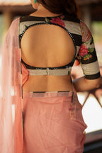 Peach organza saree with chanderi mirror blouse