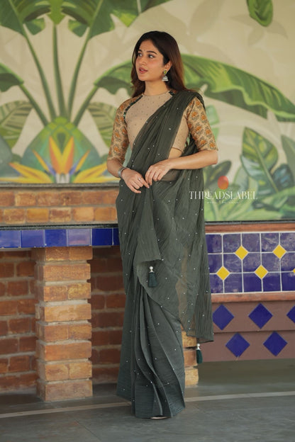 Bottle green mul chanderi saree with mirror work blouse
