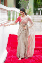 Grey tissue saree with red banarasi blouse