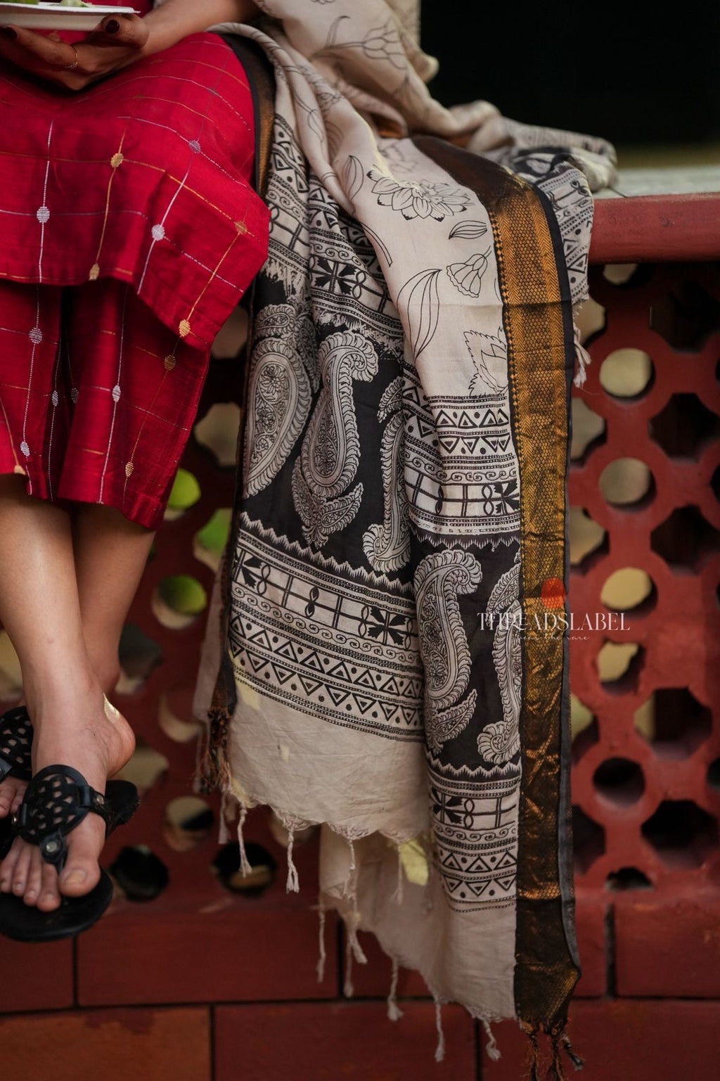 Red checked zari woven kurti