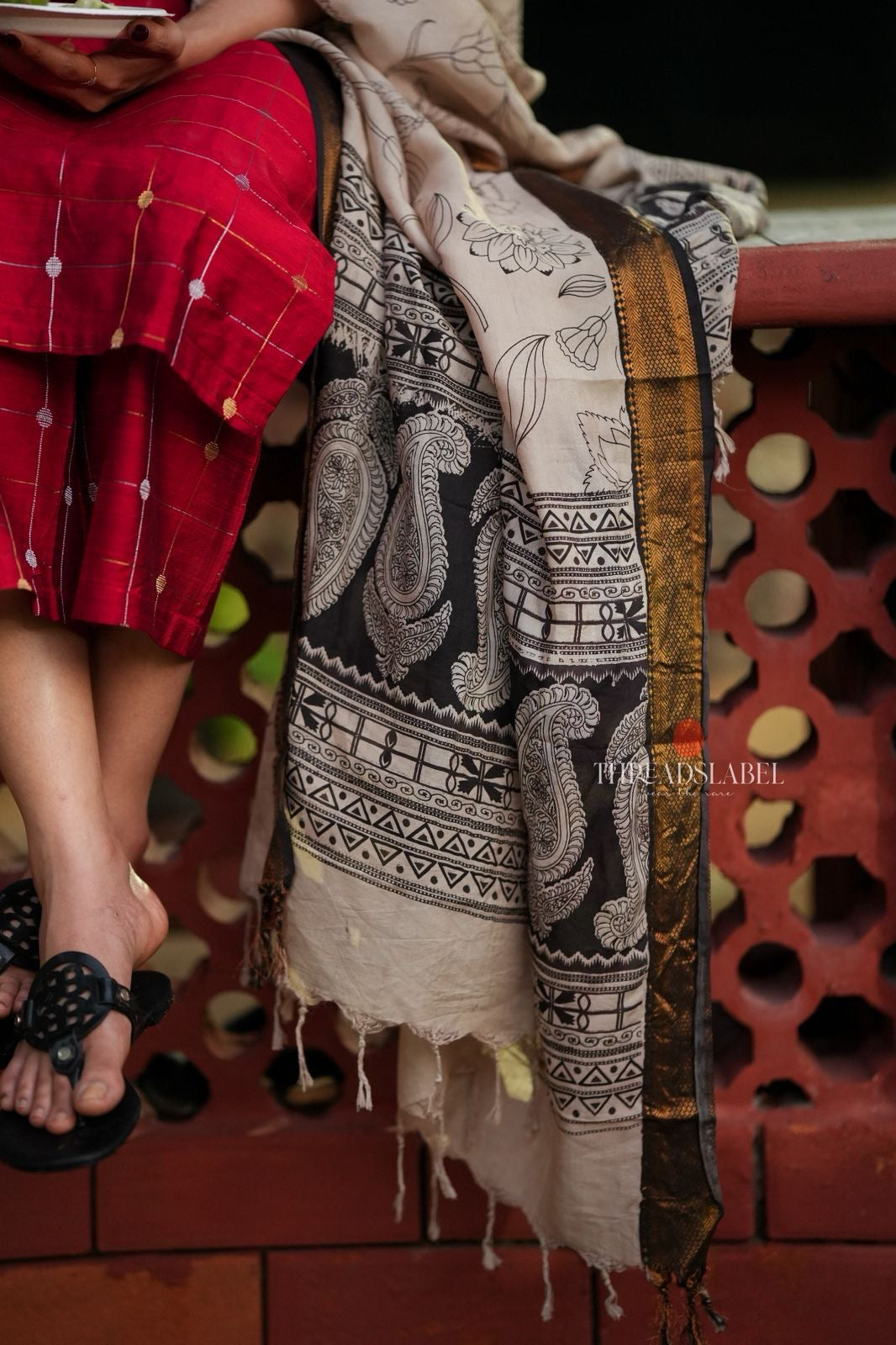 Red checked zari woven kurti