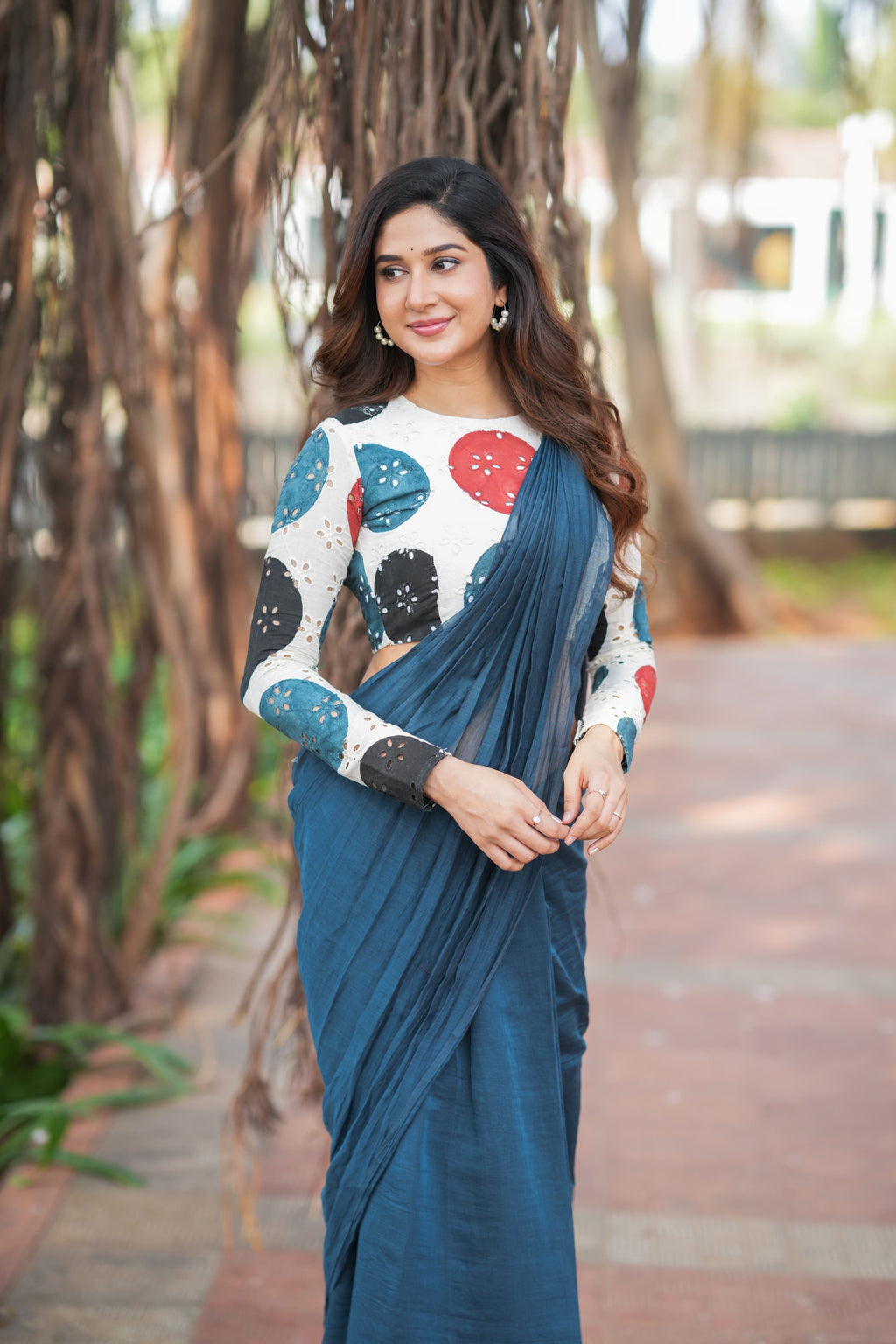 Blue mul chanderi saree with embroidery ajrak blouse