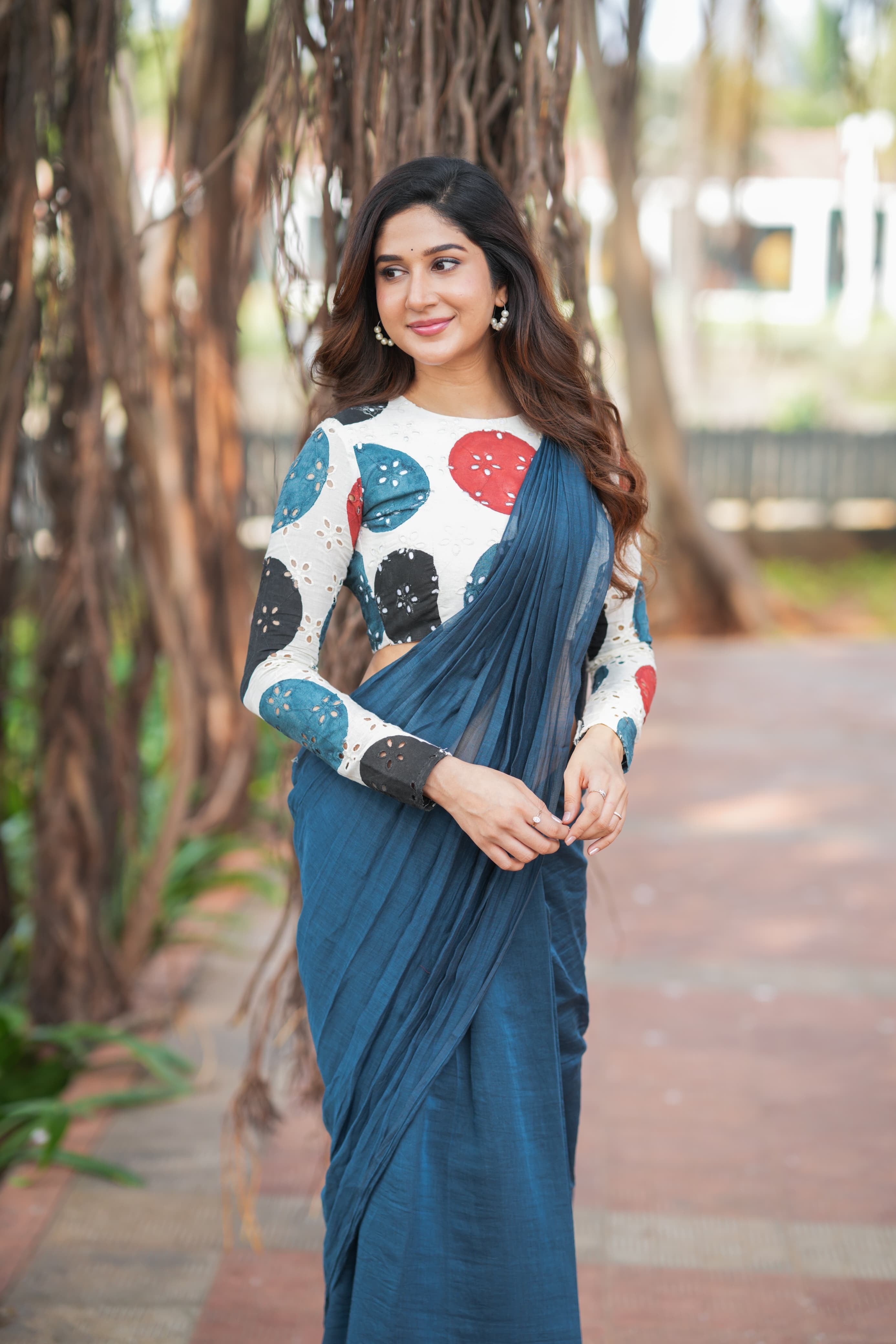 Blue mul chanderi saree with embroidery ajrak blouse