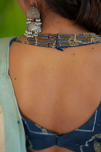 Aqua blue kota doria saree with hand work blouse