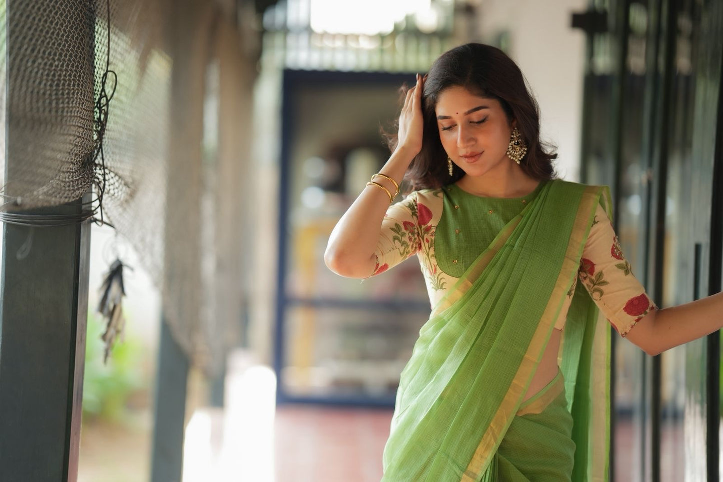 Cream cotton print hand work blouse(only blouse)