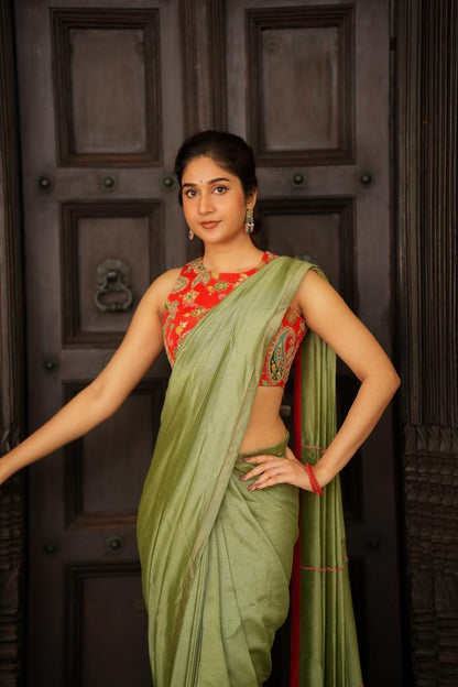 Green marble silk saree with heavy embroidery blouse