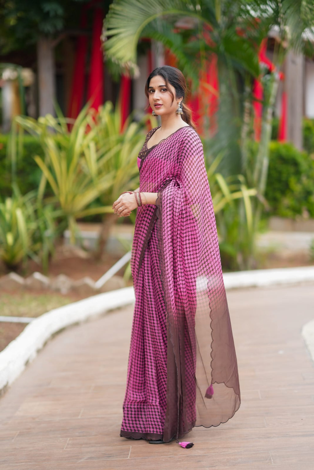 Pink viscose jute saree with hand work blouse