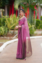 Pink viscose jute saree with hand work blouse