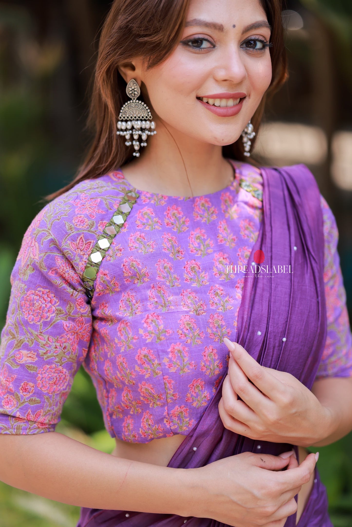 Purple mul chanderi saree with mirror work blouse