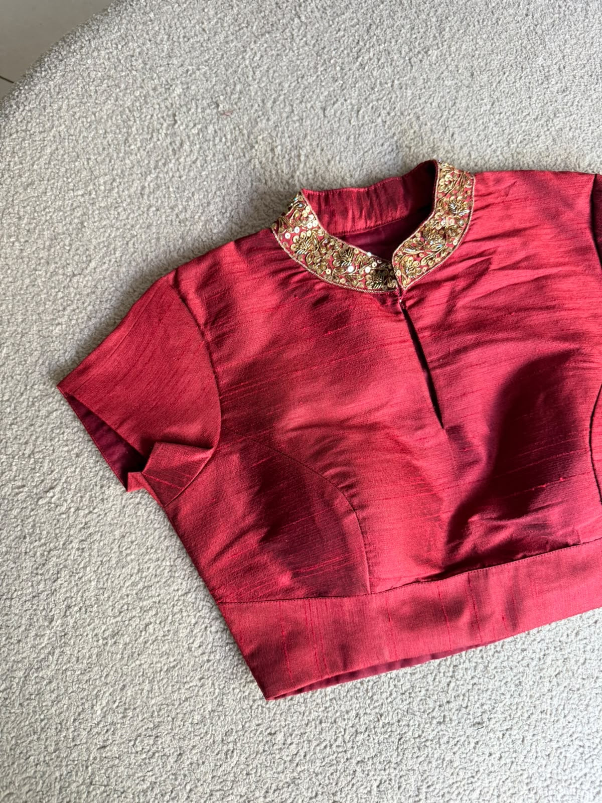 Maroon silk collar hand work blouse