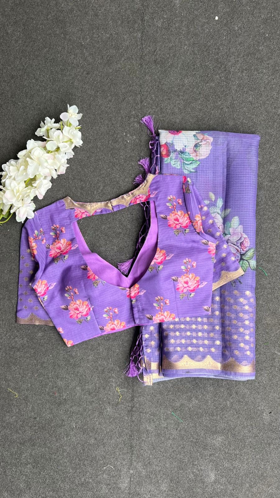 Lavender kota floral saree with blouse