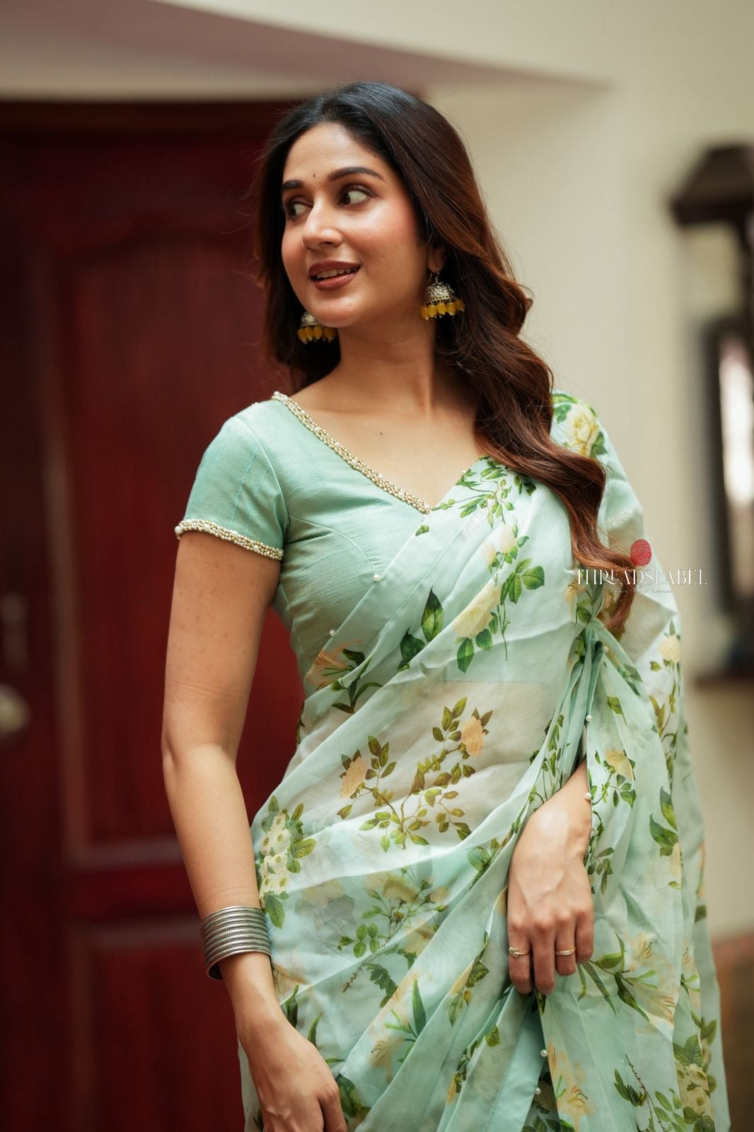 Sea green silk pearl hand work blouse (only blouse)