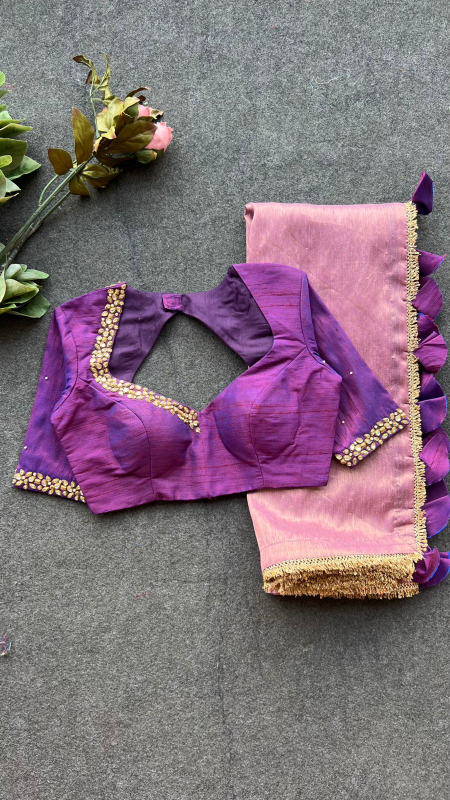 Pink tissue saree with purple hand work blouse