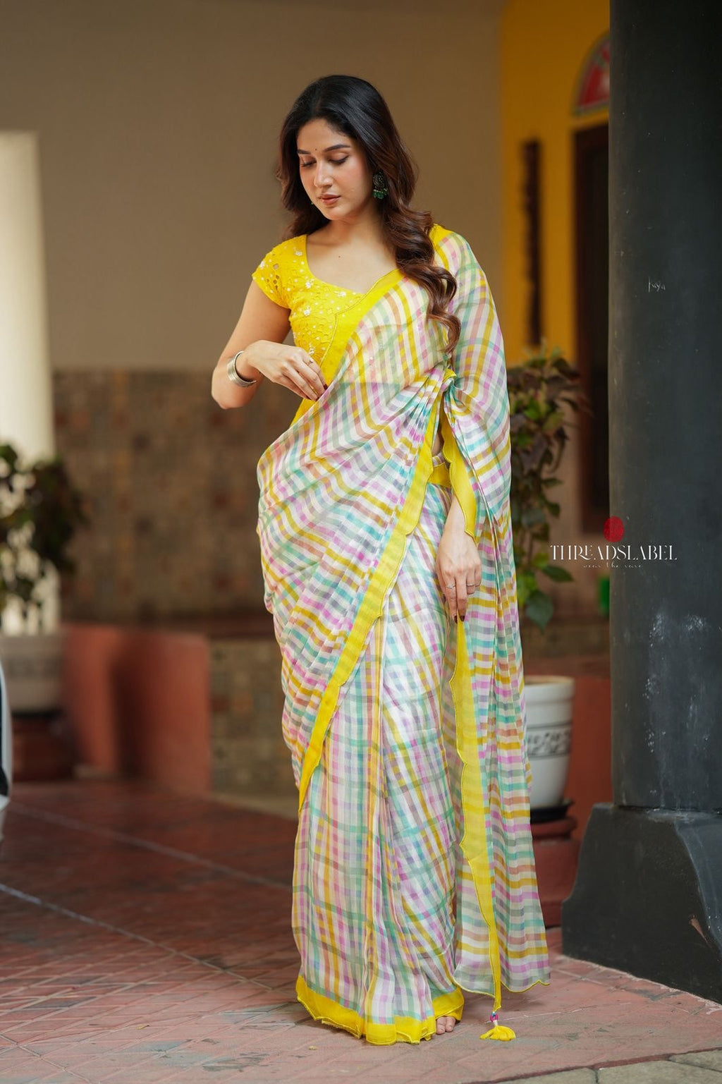 Multi viscose jute saree with hand work blouse