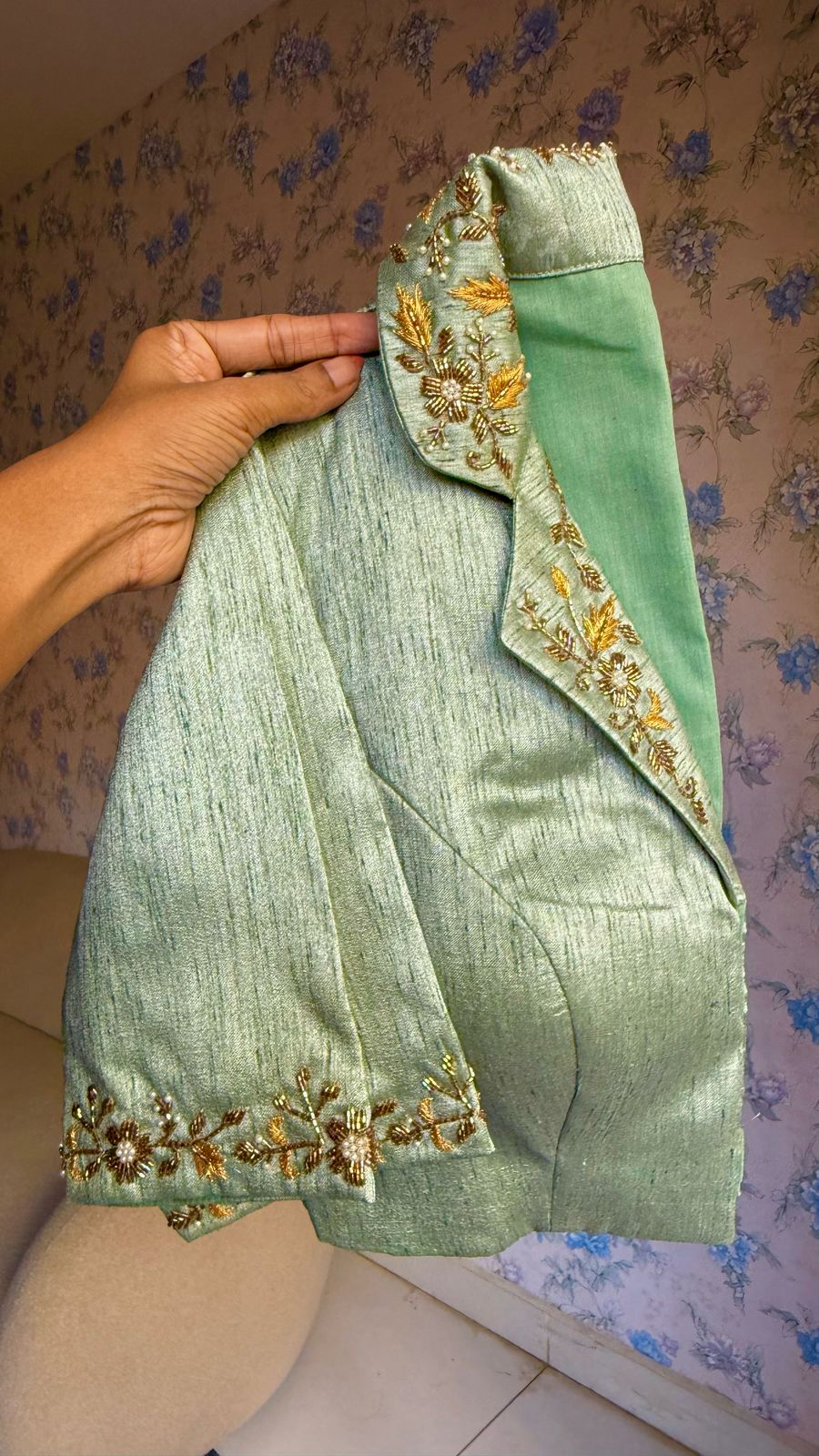 Pista green silk collar hand worked blouse