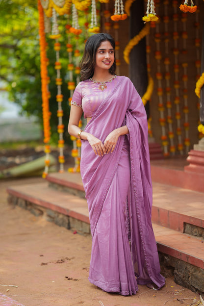 Lavender marble saree with Jewel neck handwork blouse