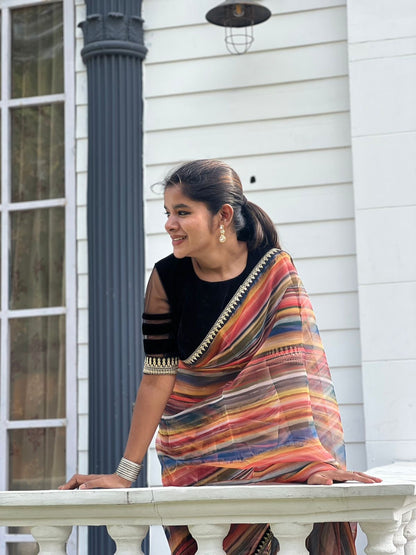 Rainbow organza saree with velvet blouse