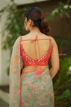 Red silk mirror hand work blouse (only blouse)