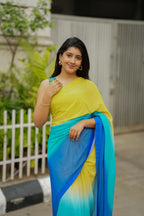 Multi georgette saree with yellow hand made blouse