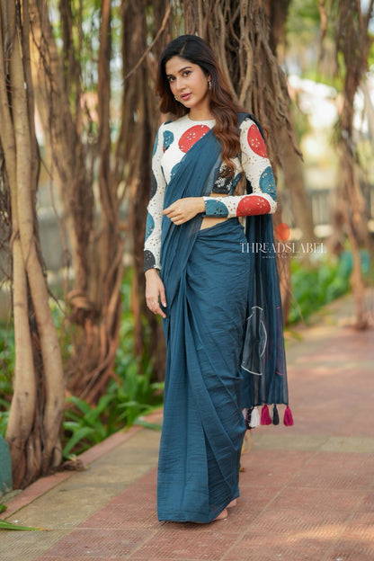 Blue mul chanderi saree with embroidery ajrak blouse