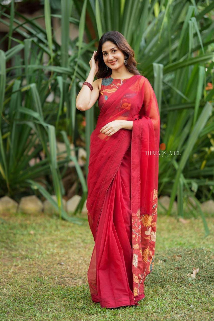 Maroon soft organza saree with kalamkari blouse