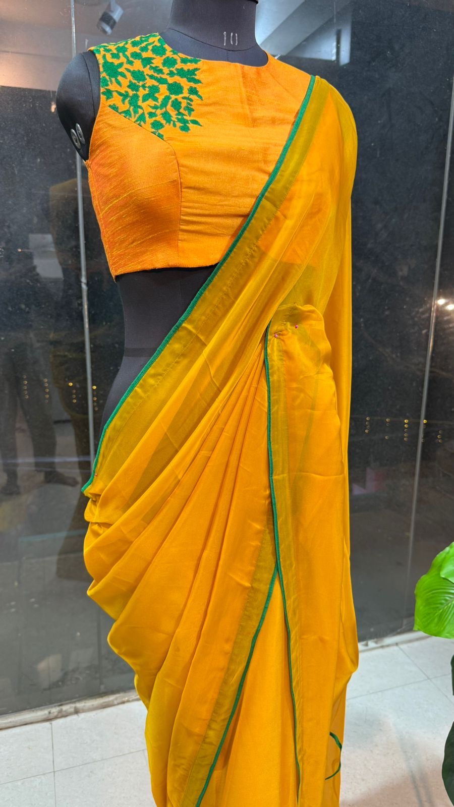Mustard yellow soft organza saree with embroidery blouse