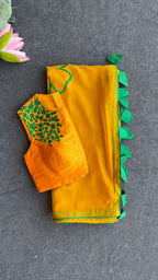 Mustard yellow soft organza saree with embroidery blouse