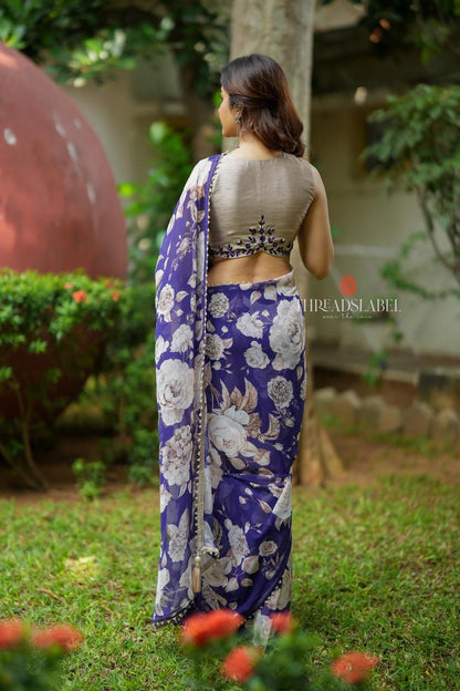 Purple chiffon floral saree with hand work blouse