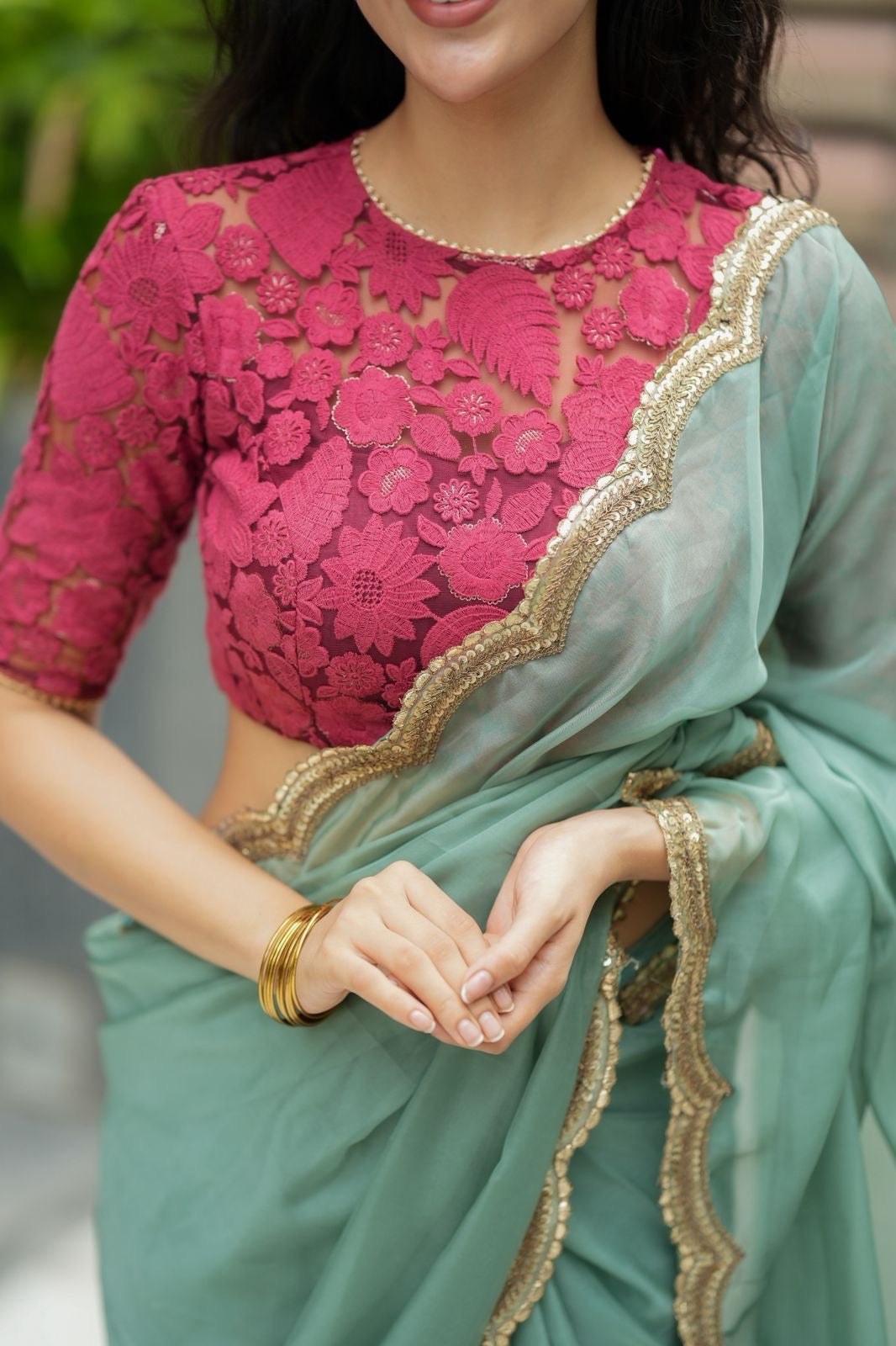 Apple green soft organza saree with embroidery blouse