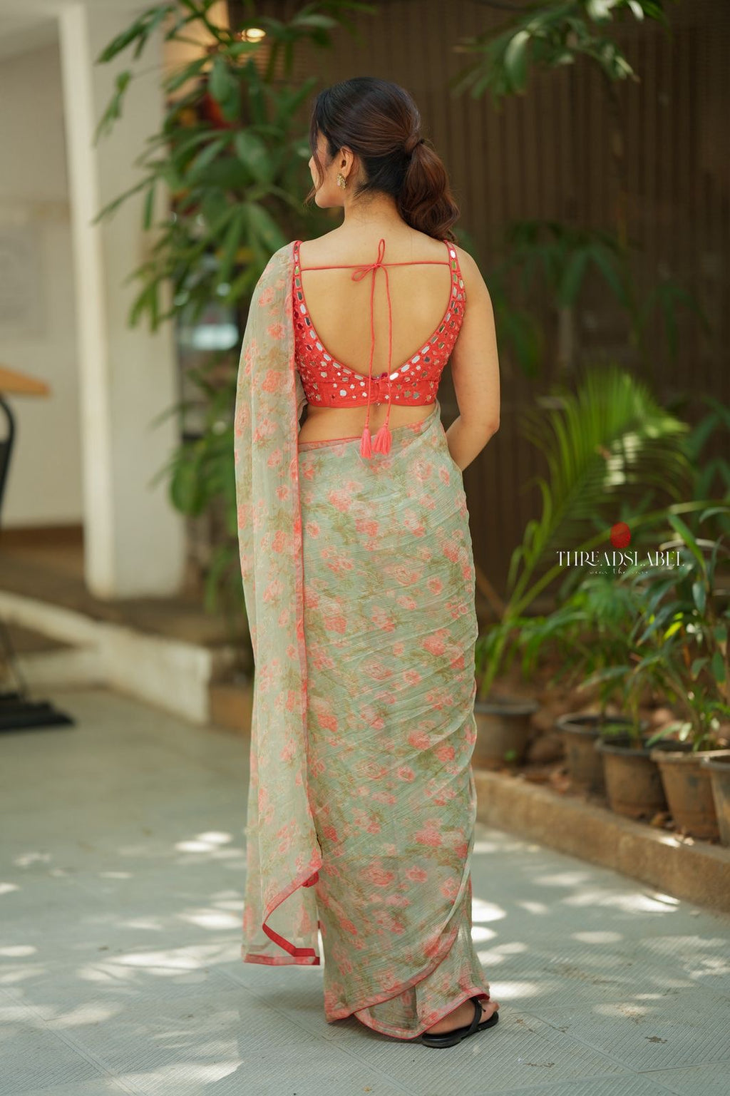Red silk mirror hand work blouse (only blouse)