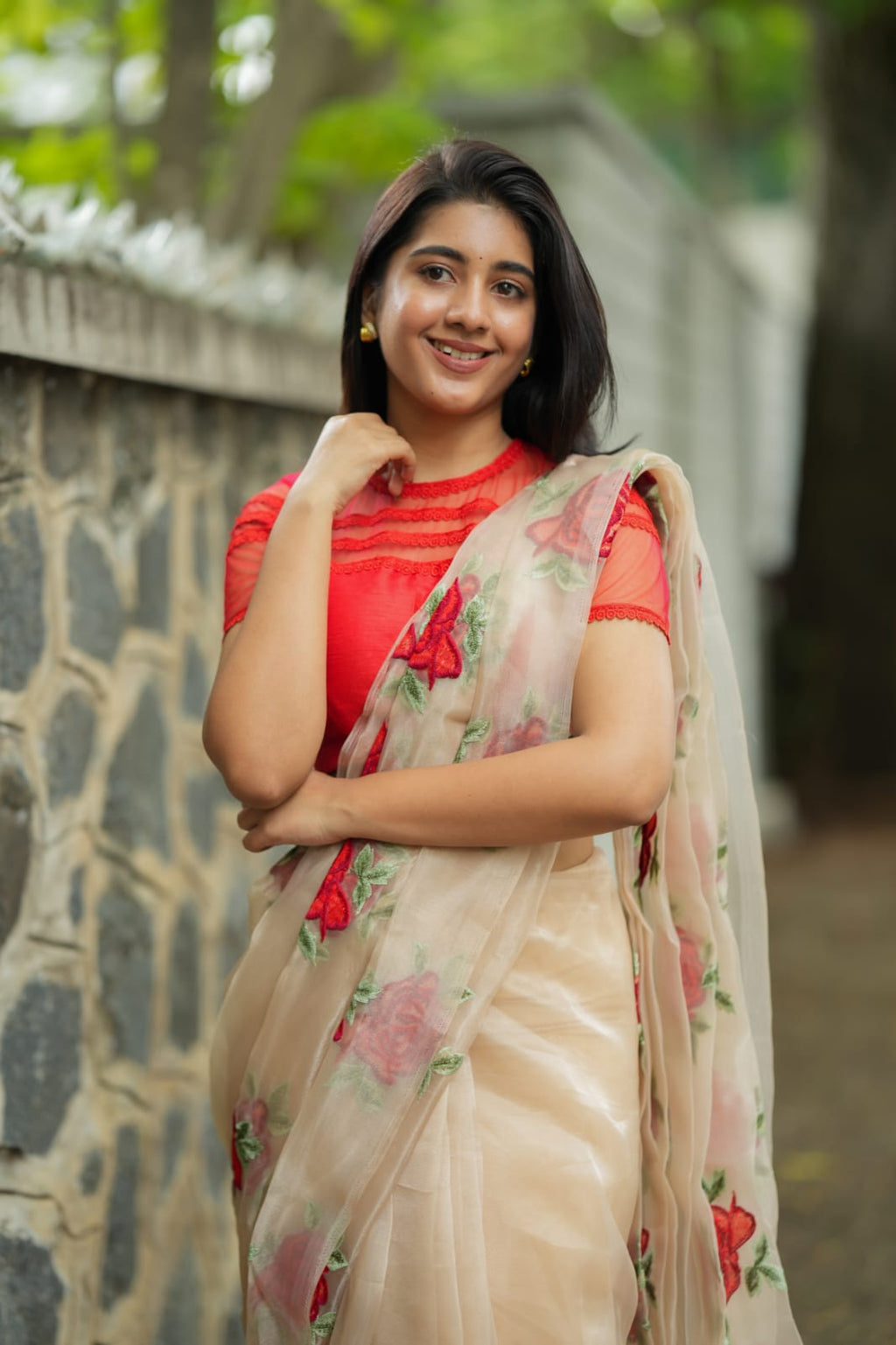 Glossy organza saree with red embroidery blouse