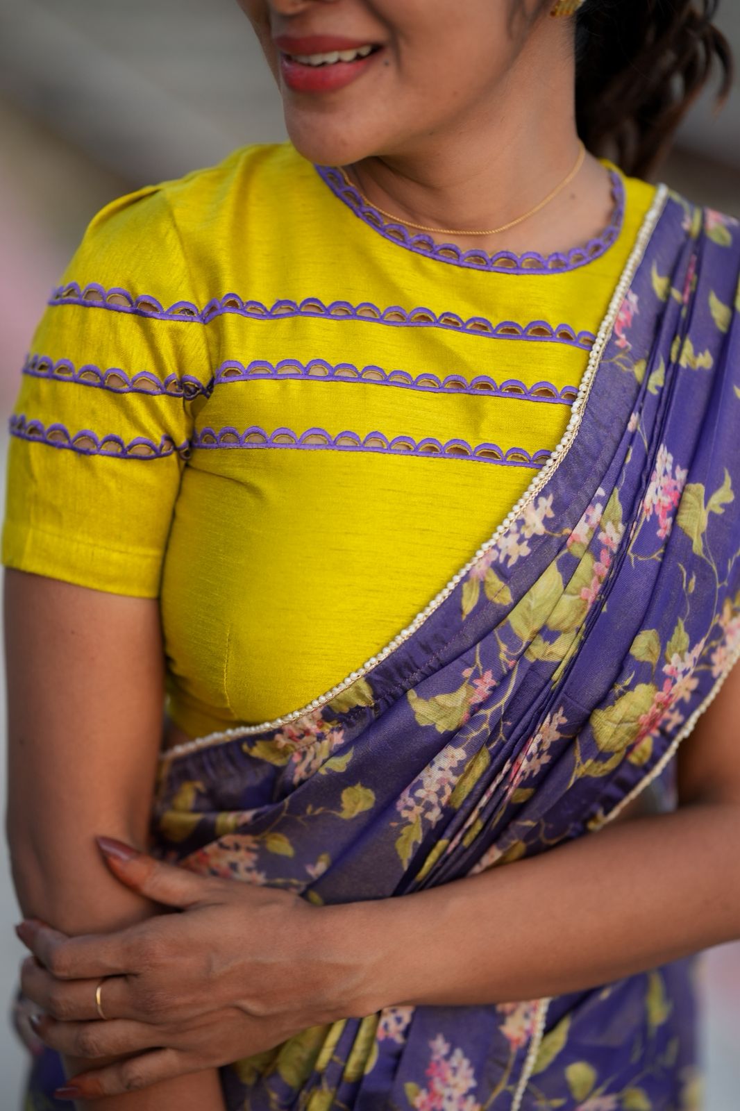Blue floral tissue saree with lime hand work blouse