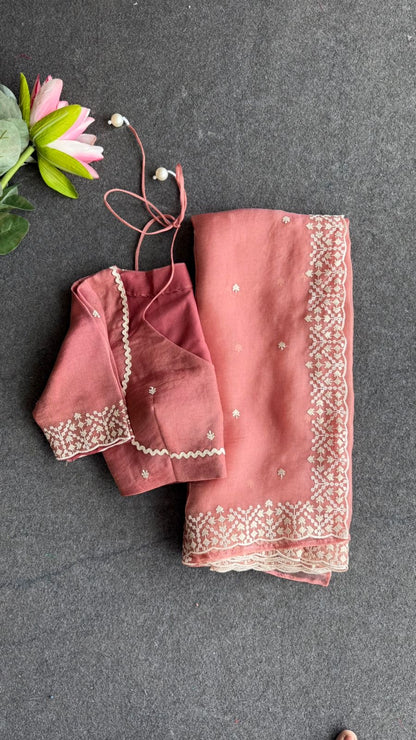 Peach tissue saree with tissue embroidery blouse