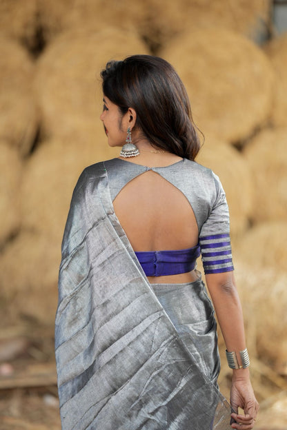 Silver grey blue soft tissue saree with handwork blouse