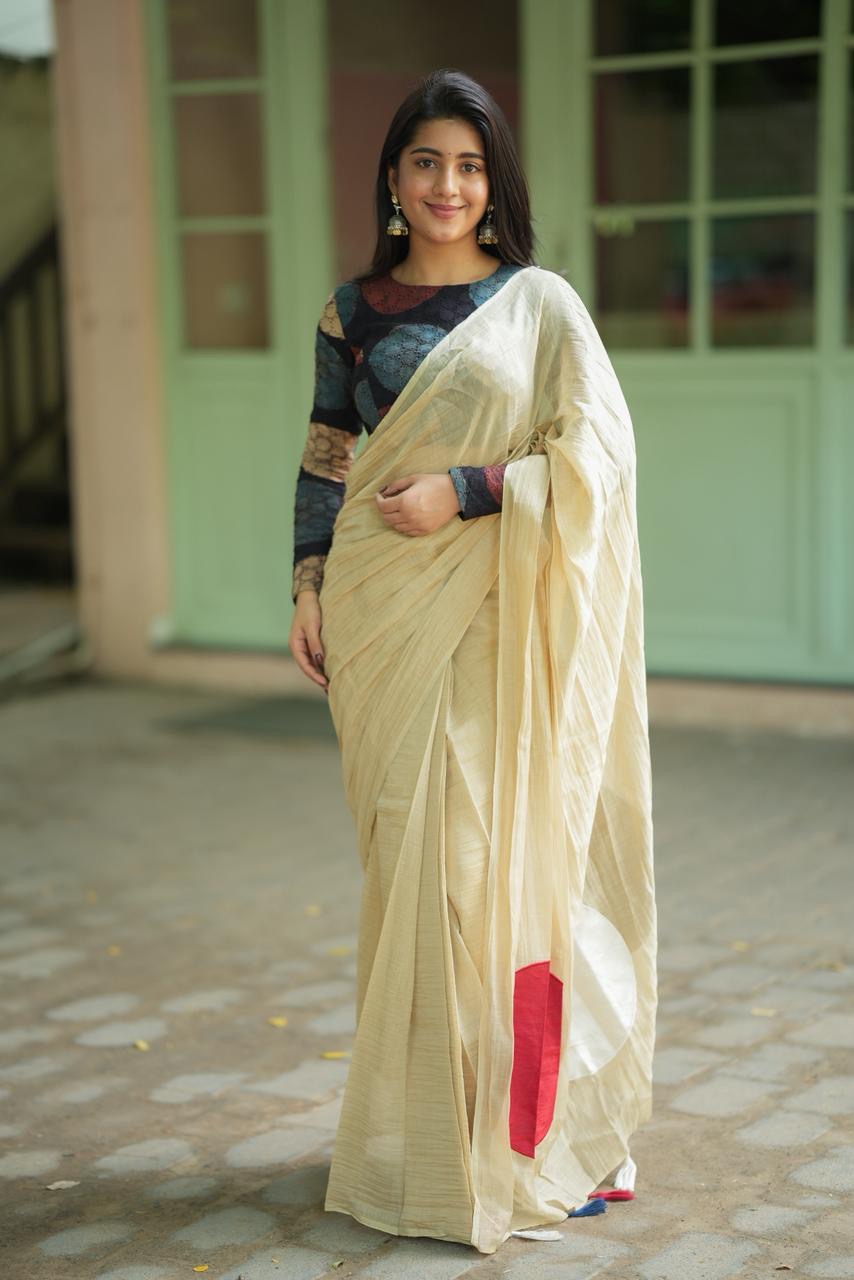 Cream malai chanderi saree with Ajrak handblock print blouse