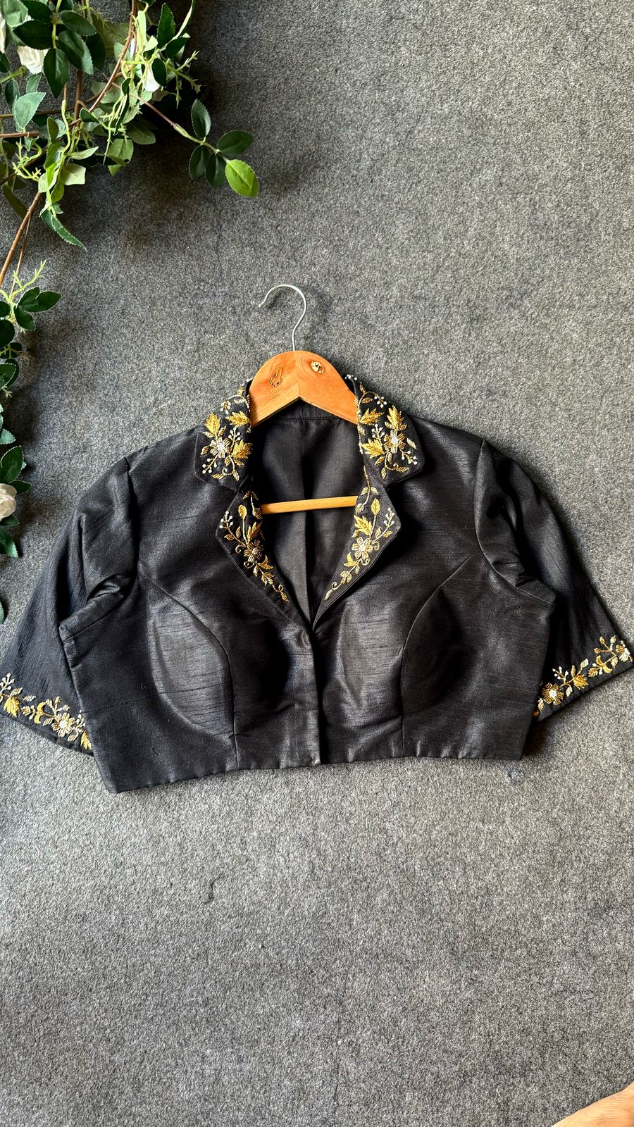 Black silk collar hand worked blouse
