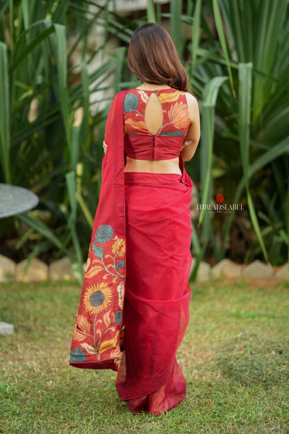 Maroon soft organza saree with kalamkari blouse