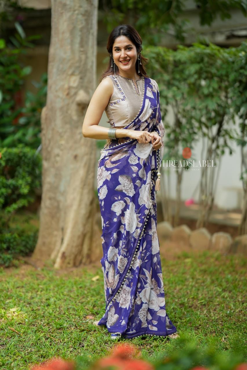 Purple chiffon floral saree with hand work blouse